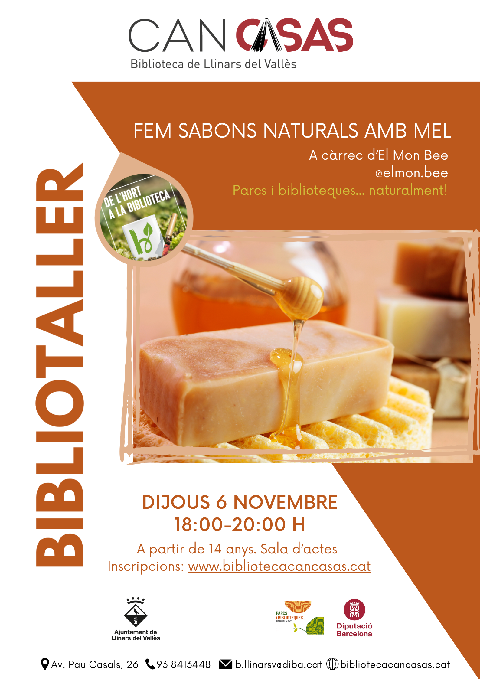 Cartell bibliotaller novembre. Fem sabons naturals amb mel 